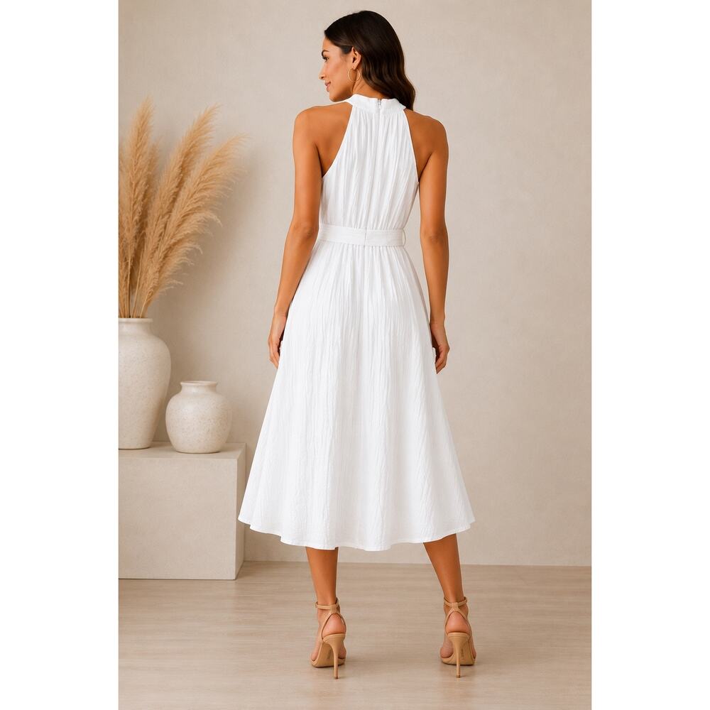 Calvin Klein White Cotton Gauze Halter Midi Dress Belted Women’s 12 Cottagecore - Picture 2 of 8